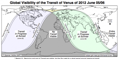Map showing where the Venus transit will be visible. Credit: NASA