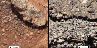Rounded gravel fragments, or clasts, up to a couple inches (few centimetres), on dry stream beds on Mars and Earth Image credit: NASA/JPL-Caltech/MSSS and PSI