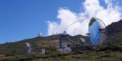The Large Size Telescope with the mirror finally uncovered and the camera finally in place, Roque de Los Muchachos, La Palma